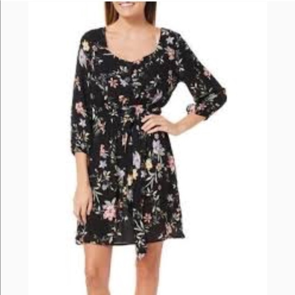 Solgee Florals belted sundress black Sz L rayon
